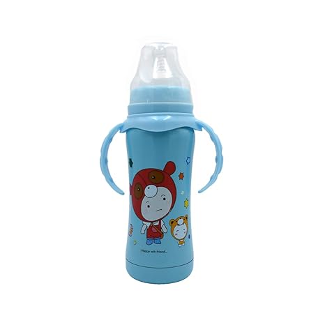 Baby Bucket Double-Wall Stainless Steel Insulated Baby Thermal/Infant Milk/Feeding Bottle with Fast Flow Silicone Nipple & Handle 180ML- [Multi Cartoon Design Print] (Blue)