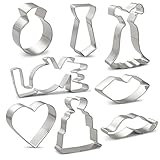 Wedding Cookie Cutters Set - 8 PCS - Wedding Dress, Wedding Cake, Diamond Ring, Heart, Lips, Beard, LOVE Word and Tie - Stainless Steel