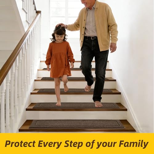 Non-Slip Stair Treads for Wooden Steps Indoor, 15 Pack 8" X 30" Edging Stair Rugs with TPE Backing,0.45" Thick Carpet Stair Treads for Kids Elders & Pets, 100% Polyester Soft Stair Runners, Brown