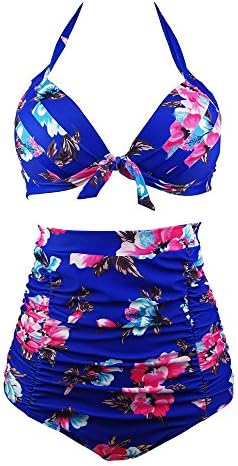Women Summer Swimwear Vintage Floral High Waisted Bikini Set Sexy Bathing Suit Plus Size (XXXL, Blue)