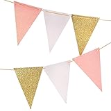 10 Feet Vintage Style Pennant Banner, Gold Glitter Garland, Paper Triangle Flags Bunting For Nursery Wall, Wedding, Baby Shower, Party Decor,15 pcs Flags(Gold Glitter+White Glitter+Baby Pink Glitter)