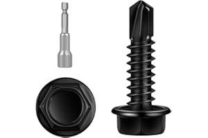 KVOHLUM 100 PCS #12 x 1 Sheet Metal Screws, Black Hex Washer Head Self Drilling Screw, Flanged Self Tapping Screws, 410 Stainless Steel, Hex Bit Socket Included