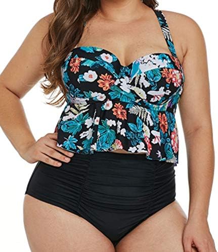 Women's Plus Size Swimsuit Two Piece High Waist Bikini Set Halter Bottom with Top Swimwear Bathing Suit Athletic Tankini