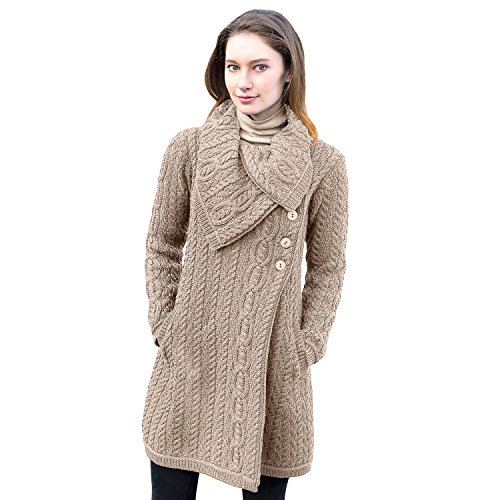 Ladies 100% Irish Merino Wool Chunky Collar Buttoned Aran Coat by West End Knitwear Small Parsnip