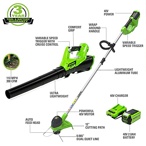 Greenworks 40V Cordless String Trimmer and Leaf Blower Combo Kit, 2.0Ah