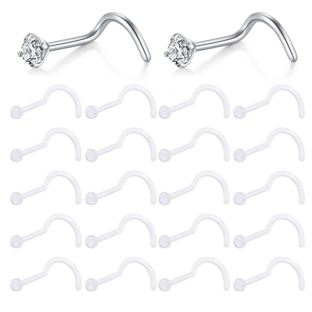 vcmart 2233pcs 20g Clear Bioflex Nose Retainer & Stainless Steel Diamond CZ Nose Rings Studs L