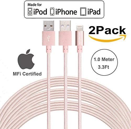 [Apple MFI Certified] 2Pack Yellowknife 3.3ft/1m Nylon Metal Braided Lightning To USB Charger Cable Data Sync Charging Cord for Apple iPhone 6 6s Plus 5s 5c 5 iPad 2 3 4 Mini Air (Rose Gold)