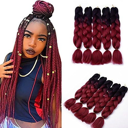 Superwigy 4Pcs Ombre Jumbo Braids Hair Kanekalon Synthetic Braiding Hair Crochet Hair 100Gram/Pc 400 Gram in Total for African American Women (Black to Wine Red)