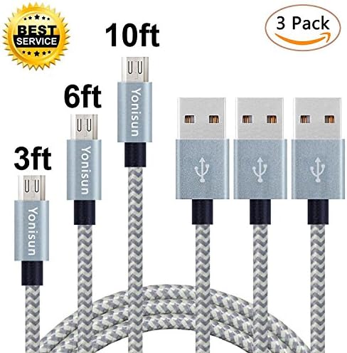 Yonisun Micro USB Cable,3Pack (3FT,6FT,10FT)Nylon Braided High Speed Micro USB Charging Cable Cord Android USB charger cables for Samsung Galaxy S7 Edge/S6/S5/S4,Note 5/4/3,LG,HTC,Tablet(Gray+Silver)