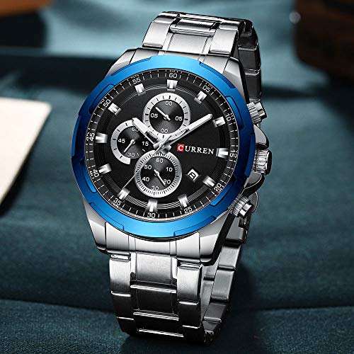 Curren 8354 - Reloj de Pulsera Deportivo para Hombre, con múltiples Zonas horarias, Fecha, Acero Inoxidable, Color Azul - Imagen 4