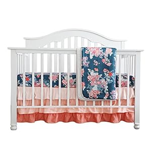 Coral Navy Floral Baby Crib Bedding Set Minky Blanket Peach Navy Floral Girl Crib Set Floral Ruffled Crib Skirt (3 pcs…