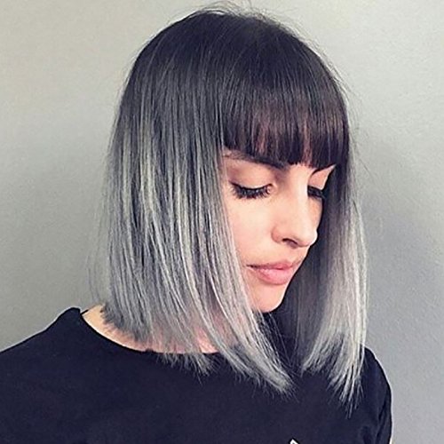 YOPO Grey Ombre Short Wig with Bangs - Silver Gray Ombre Wigs Dark Roots Bob Synthetic Hair Full Straight Wigs for Women with Free Wig Cap(Short Ombre Gray with Bangs)