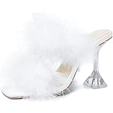 Women's Square Toe Fuzzy Heels High Clear Heel Mules Sandals Two Fluffy Feather Bands Slippers Party Prom Dresses Shoes