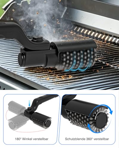 Electric Grill Brush, 180° Adjustable Angle, Rechargeable Grill Cleaner, 3-Stage Cleaning, 90 Minutes Runtime, Interchangeable Stainless Steel Brush Head for Grill Grate, USB-C