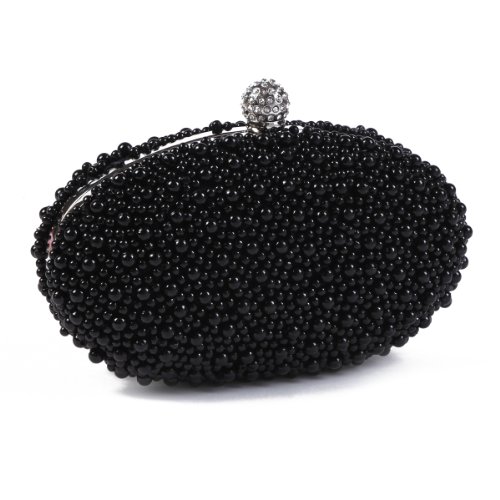 Damara Womens Beads Crystal Clasp Ellipse Glamour Pearl Evening Handbag,Black