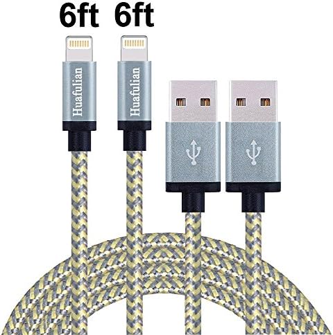 2pcs 6FT/2M Glod+Gray Lightning Cable, Nylon Braided 8pin to USB Sync Data Charging Cable for iPhone 7,7 Plus,6S,6 Plus,SE,5S,5,iPad,iPod
