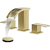 gotonovo Waterfall 8 inch Widespread Bathroom Faucet Set Bathroom Sink Faucet 3 Hole 2 Handle Vanity Lavatory Deck Mount with Pop Up Drain and Water Supply Lines Square Body Brushed Gold