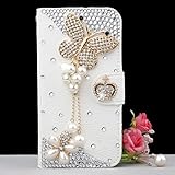 Galaxy S3 Case,HAOTP(TM) White Luxury 3D Fashion Handmade Bling Crystal Rhinestone PU Flip Wallet Leather Case Cover for Samsung Galaxy S3 i9300 (Pearl Butterfly)