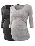 Pinkydot Women's Side Ruched 3/4 Sleeve Maternity Scoopneck T Shirt Top Pregnancy Clothes,Black Grey,Small