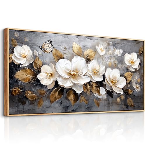 hyidecorart Modern Bedroom Decoration Pictures with Wooden Frame, 60 x 120 cm XXL Large Decorative Canvases Wall Living Room, Pictures Wall Decoration Golden Flowers, Wall Art Dining Room Bathroom Hallway