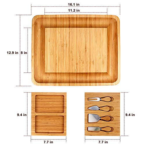 Bamboo Cheese Board and Knife Set, Cheese Servers with Hidden Drawer, Charcuterie Platter and Cheese Serving Tray for Wine, Crackers, Brie and Meat. Perfect for Christmas, Wedding &Housewarming Gifts
