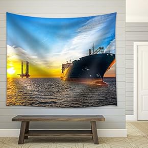 Tanker Ship and Oil Platform on Offshore Area at Sunset. - Fabric Wall Tapestry Home Decor - 51x60 inches