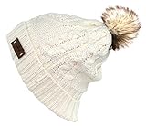 Women's Faux Fur PomPom Fleece Lined Knitted Slouchy Beanie Hat - White