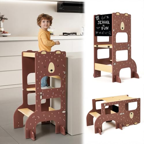labebe Montessori Tower Kids Large Size Wooden Folding Montessori Tower 3 in 1 Multifunctional Montessori Tower with Blackboard Brown Bear
