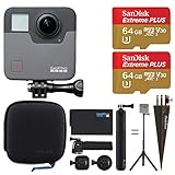 GoPro Fusion + SanDisk 64GB Extreme PLUS UHS-I microSDXC Memory Card with SD Adapter + Brown Spike Mount for GoPro + Wrist Strap Band Mount for GoPro – Complete Action Camera Bundle