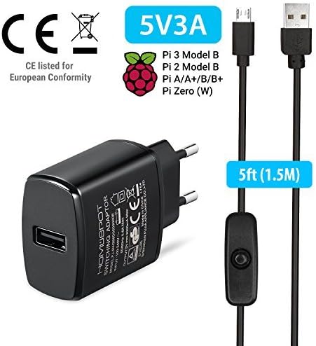 European Charger for Raspberry Pi 3 Model B B+ Power Supply, 5v 3a Switch Universal USB Wall Charging Adapter Plug with 1.5m Extra Long On Off Switch Micro USB Cable Compatible with iPhone 7 Plus 6S