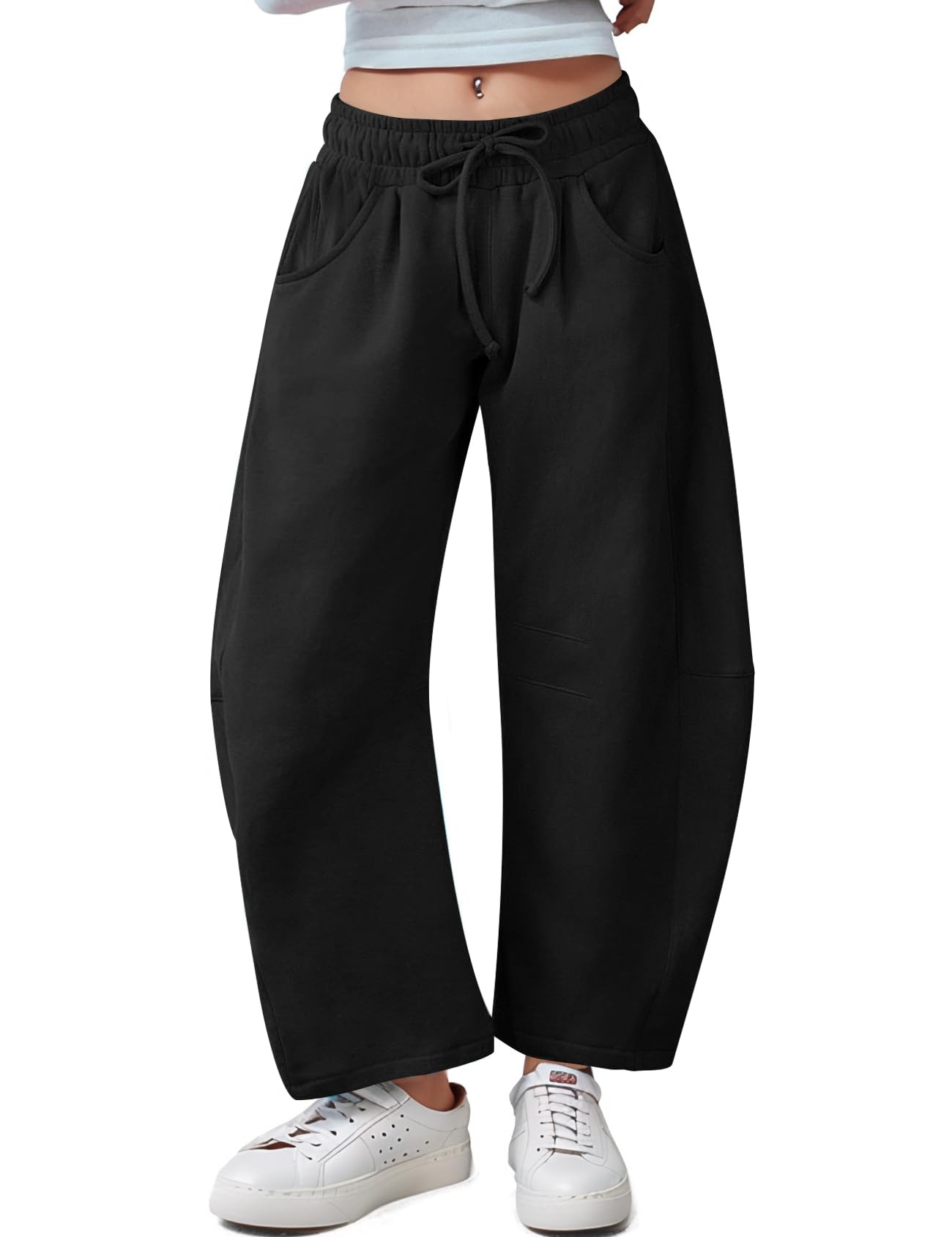 Photo 1 of Kissonic Womens Barrel Leg Sweatpants Elastic Waist Drawstring Wide Leg Pants Baggy Lounge Pants with Pockets(Black-S)