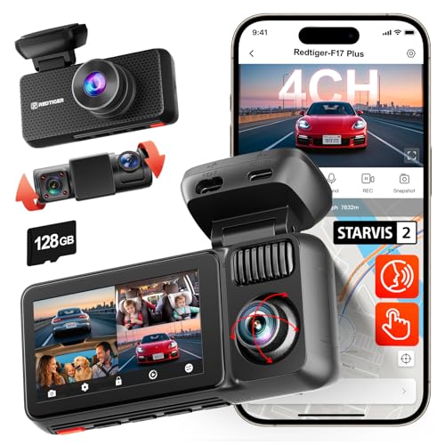 REDTIGER F17 Plus Dashcam 4 Channel Car 2.7K+1080P*3,STARVIS 2,128GB Card,Front,Interior and Rear 360°,IR Night Vision,5.8GHz WiFi,GPS,Voice Control,Parking Mode