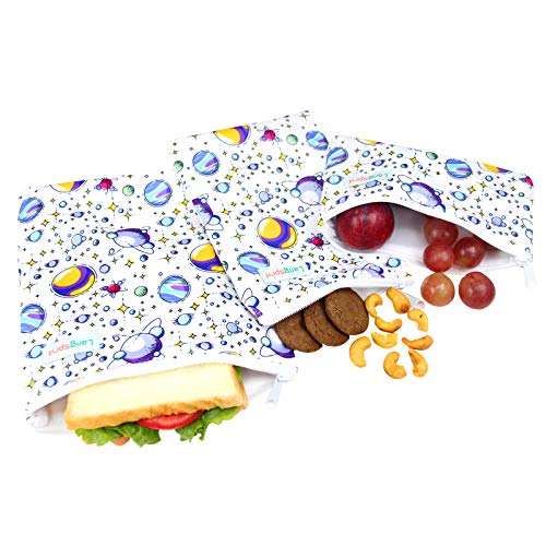 Langsprit Premium Reusable Sandwich & Snack Bags- Eco Friendly Dishwasher Safe Lunch Bags - Set of 3 - (Planet)