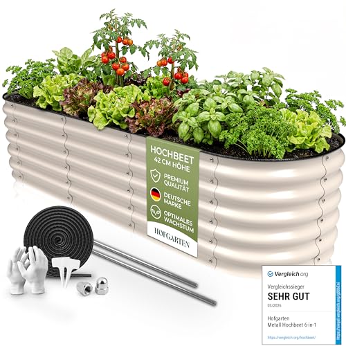 HOFGARTEN Hochbeet Metall 200x60x42 cm, 6-in-1, erweiterbar, Cremeweiß