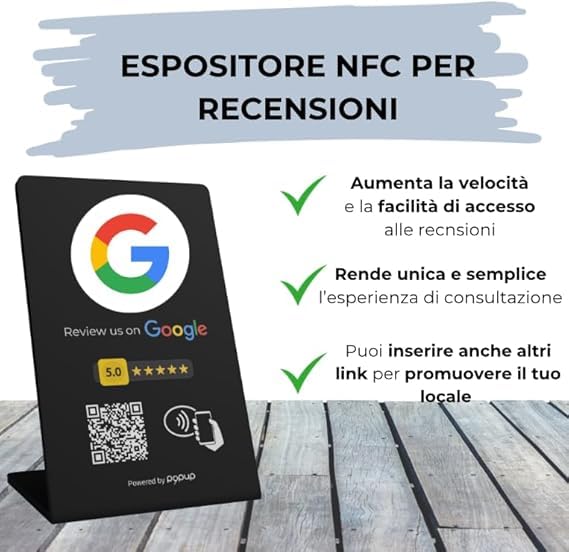 NFC and QR Code Display Plate for Google Reviews, TripAdvisor, Trustpilot | Black Acrylic Resin Counter Stand, iOS and Android Compatible, No App