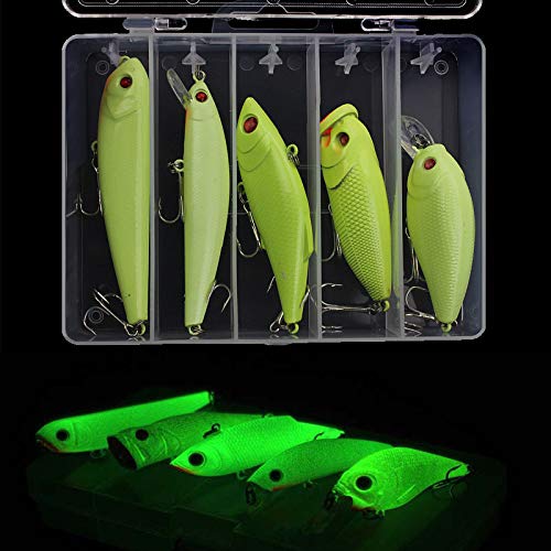 GudGmtoy Glow Fishing Lures Bait Kit - 5pcs Luminous Minnow Crankbait VIB Popper Pencil Night Hard Lure with Treble Hooks Tackle Box for Bass Saltwater Freshwater