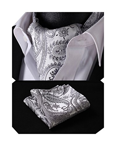 BIYINI Men's Paisley Floral Ascot Handkerchief Jacquard Woven Cravat & Pocket Square Set Gray