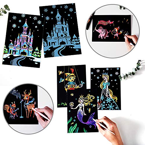 Scratch Art Paper, Rainbow Night View Scratchboard Pads for Adults and Kids, Mini Envelope Postcard Art & Crafts Set: 12 Sheets Scratch Cards & Scratch Drawing Pen, Clean Brush 7.9"x5.5" (Dreamtopia)