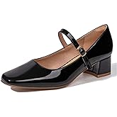 Myallfeet Women's Retro Square Toe Shallow Cut Mary Jane Shoes Fashion Patent Leather Handmade Buckle Low Heels Mary Jane High Heels