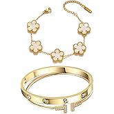 JOOVAYUN Gold Bangle Bracelets for Women Lucky Link Bracelets Floral Bracelets Set