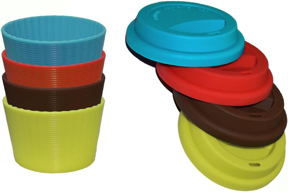 Silicon Cup Lids and Sleeves Set. 4 Lids and 4 Sleeves. Reusable, 100% Safe, BPA Free. Freezer, Microwave, Dishwasher Safe. Fun Colors, Spill Proof