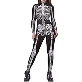Fixmatti Women Halloween Party Costume Skull Print Long Sleeve Jumpsuit Outfit