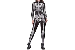 Fixmatti Women Halloween Party Costume Skull Print Long Sleeve Jumpsuit Outfit