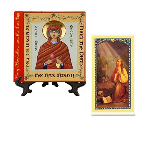 Mary Magdalene and The Red Egg Patroness of Women Porcelain Tile Plaque Easel Byzantine Style Included and a Blessed Prayer Card