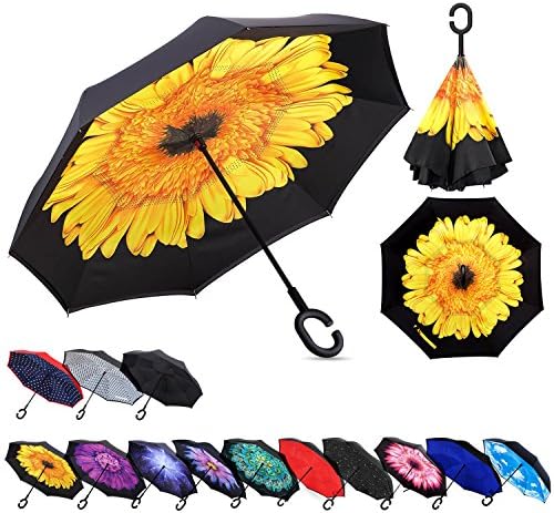 Zameka Double Layer Inverted Umbrellas Reverse Folding Umbrella Windproof UV Protection Big Straight Umbrella Inside Out Upside Down Car Rain Outdoor C-Shaped Handle