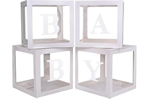 PABUES Baby Boxes with 4 PCS Letters for Baby Shower White Clear Balloon Box Blocks Gender Reveal Decorations and Birthday Party (White)