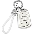 PIFOOG Key Fob Cover for Cadillac SRX CTS CT6 XTS XT5 XT6 XT4 ATS Accessories TPU 5 Button Keys Case Shell Protecor Glitter Car Keychain Girly Women White Silver