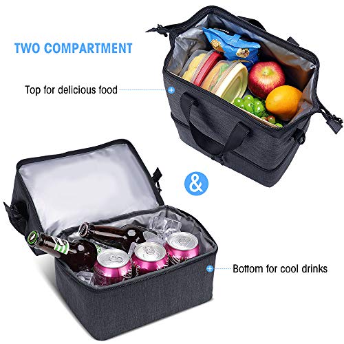 Lunch Bag Box 2 Compartments Lunch Tote Double Deck Cooler Bag Insulated Reusable with Shoulder Strap Men Women in Picnic Trip Working (Gray N20) by F40C4TMP