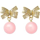 Elegant CZ Bow Pearl Drop Dangle Earrings for Women 925 Sterling Silver Post Pin Gold-Toned Cubic Zirconia Bowknot Round Ball Dangling Stud Earring Lightweight Dainty Christmas Wedding Jewelry