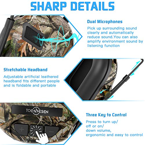 TOENNESEN 2019 Professional Sport Sound Amplification Electronic Shooting Earmuff, NRR 27 dB Ideal for Shooting and Hunting(Camo)